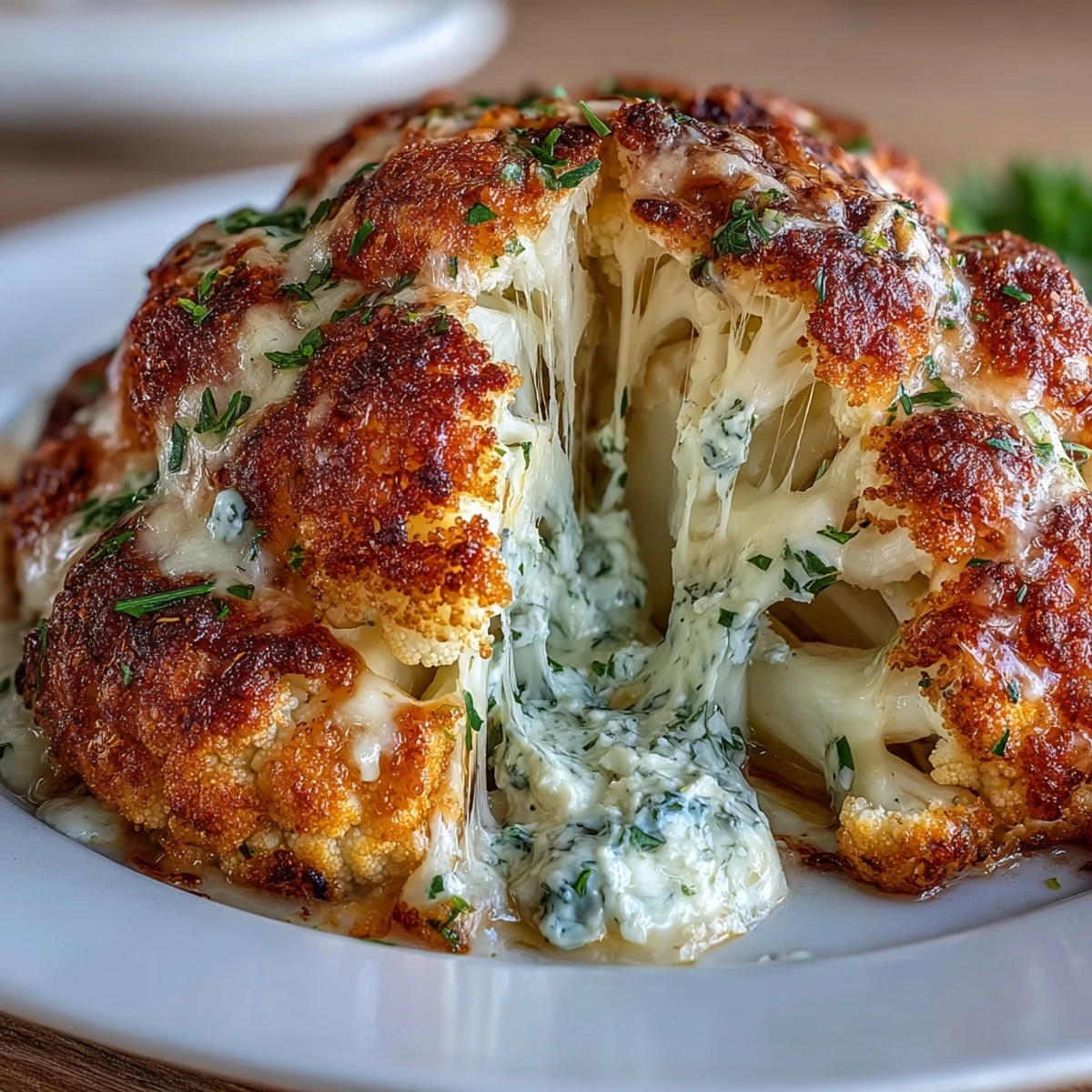 Whole oven-roasted Cheesy Stuffed Cauliflower Head, golden brown and bubbling with delicious filling.