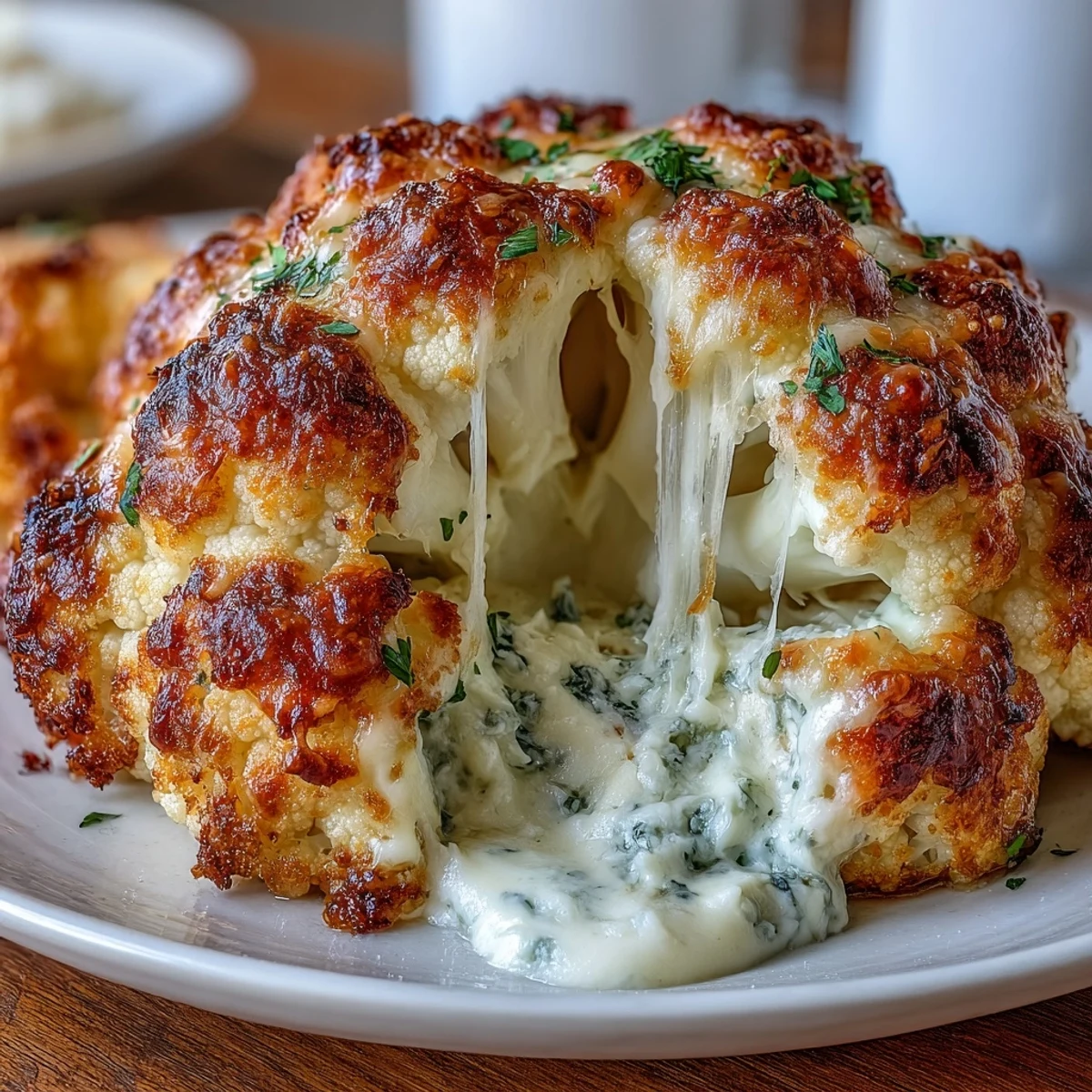 Savory Cheesy Stuffed Cauliflower Head, generously filled and topped with melted cheddar cheese.