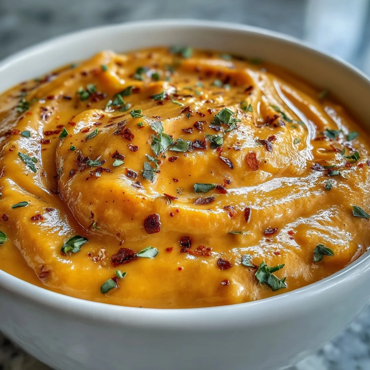 Creamy Butternut Squash Broccoli Cheddar Soup topped with roasted broccoli florets and sharp cheddar.