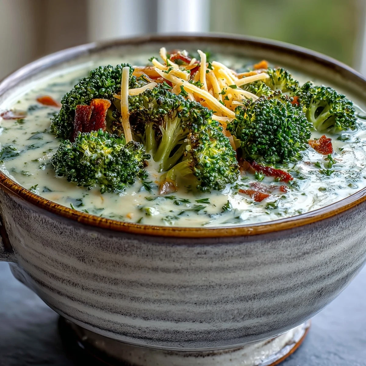 Golden roasted broccoli florets and creamy cheddar soup in a white bowl, with a slice of crusty bread.