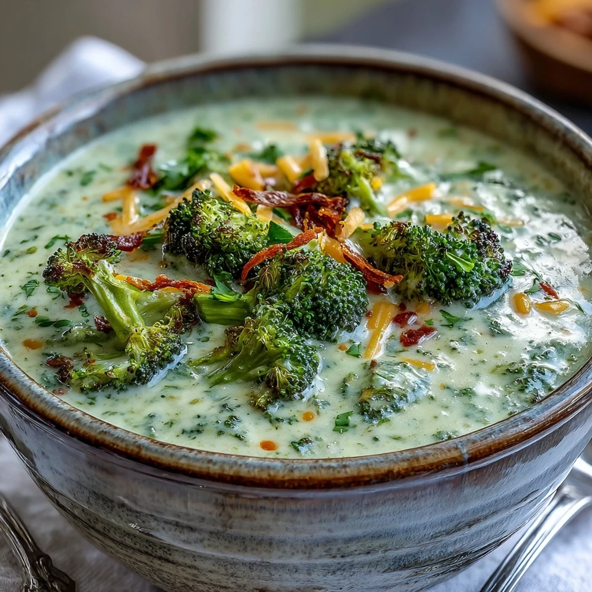 A spoon dipping into velvety Roasted Broccoli Cheddar Soup, with tender carrots and melted sharp cheddar visible.