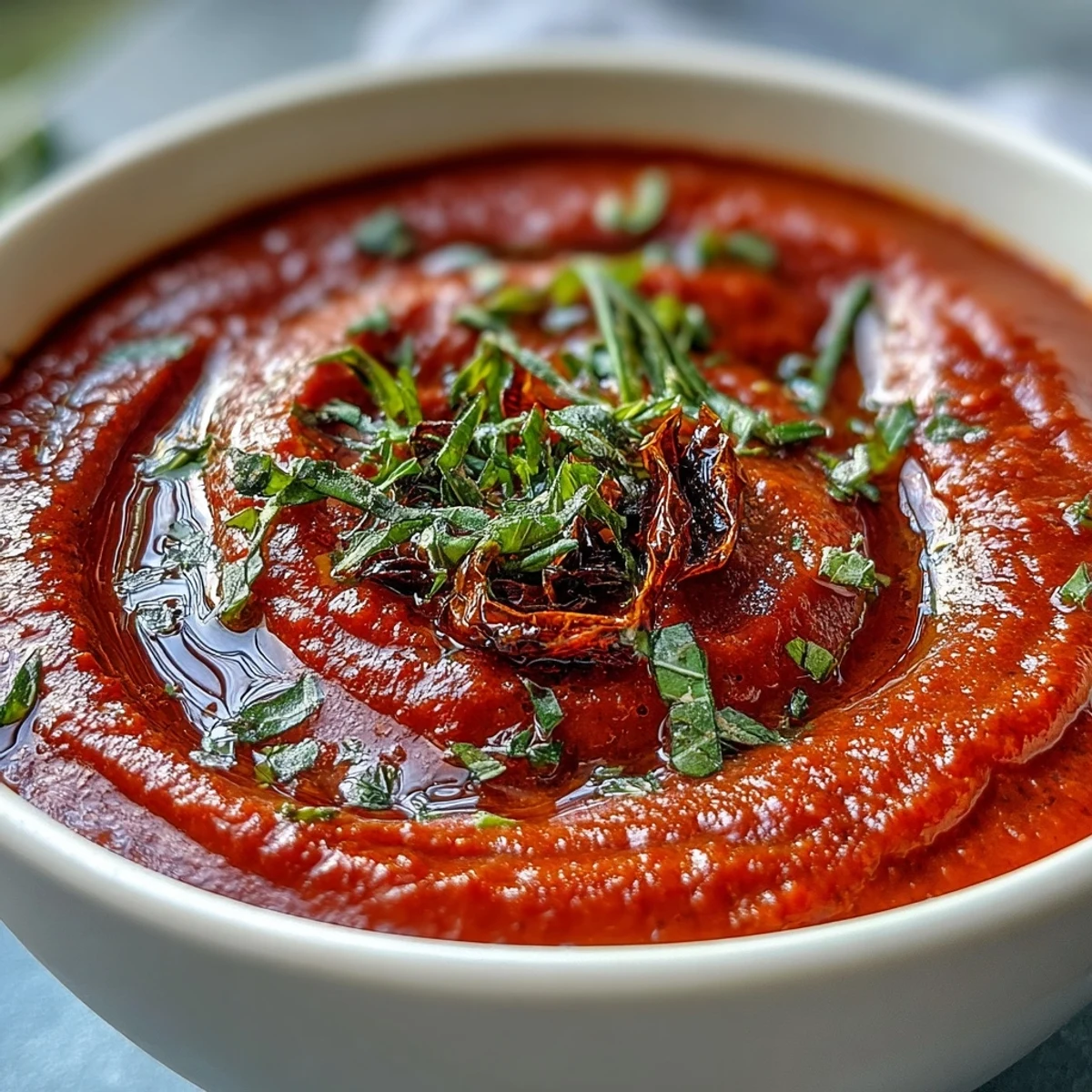Warm, creamy Roasted Tomato Basil Soup served with crusty bread on a rustic table, highlighting oven-roasted tomatoes and fresh basil.