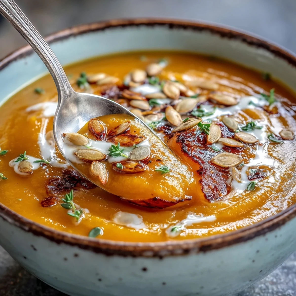 Creamy orange Easy Roasted Butternut Squash Soup in a rustic bowl, garnished with fresh thyme, pumpkin seeds, and a swirl of heavy cream.