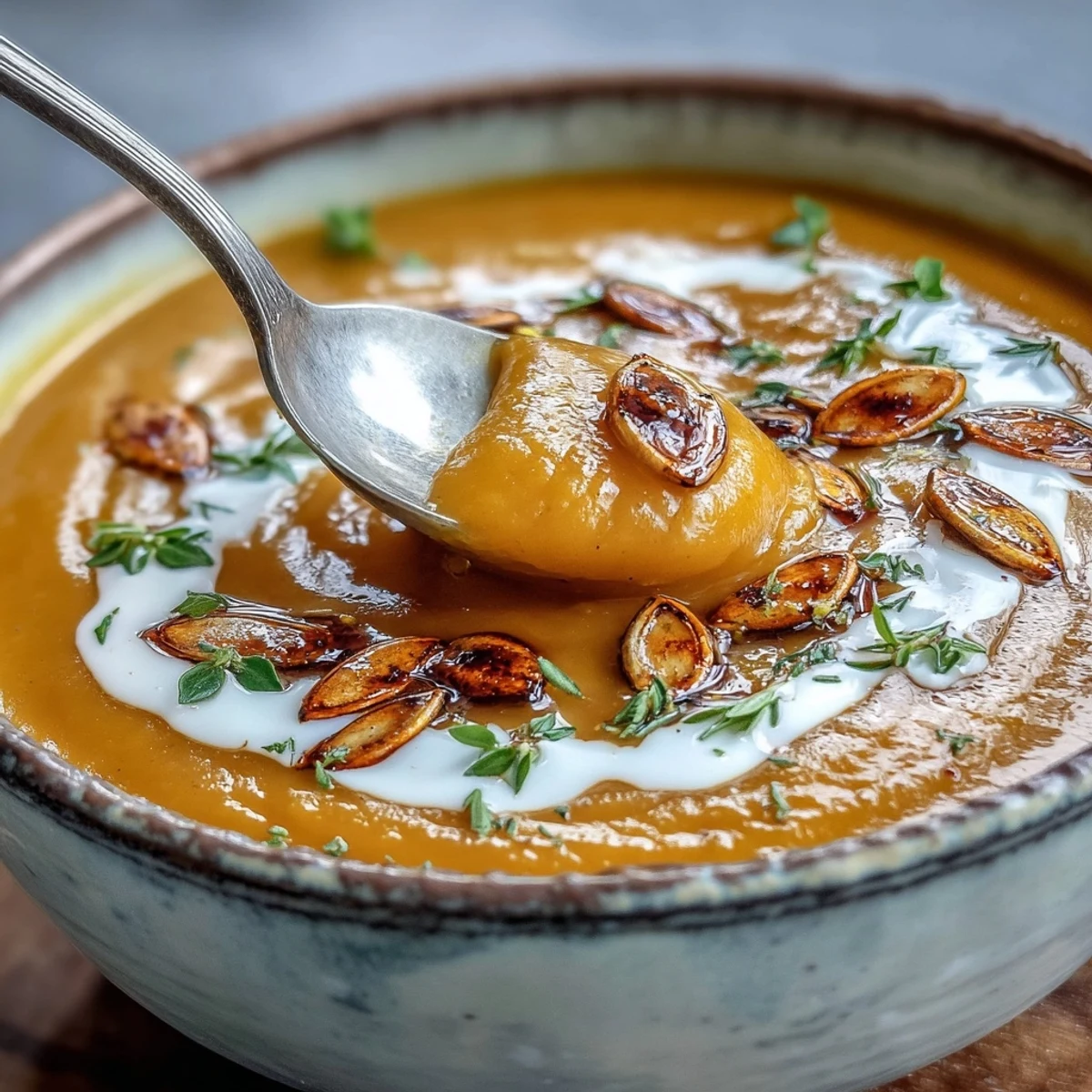 Steaming bowl of velvety Easy Roasted Butternut Squash Soup served on a cozy wooden table, paired with crusty artisan bread for dipping.