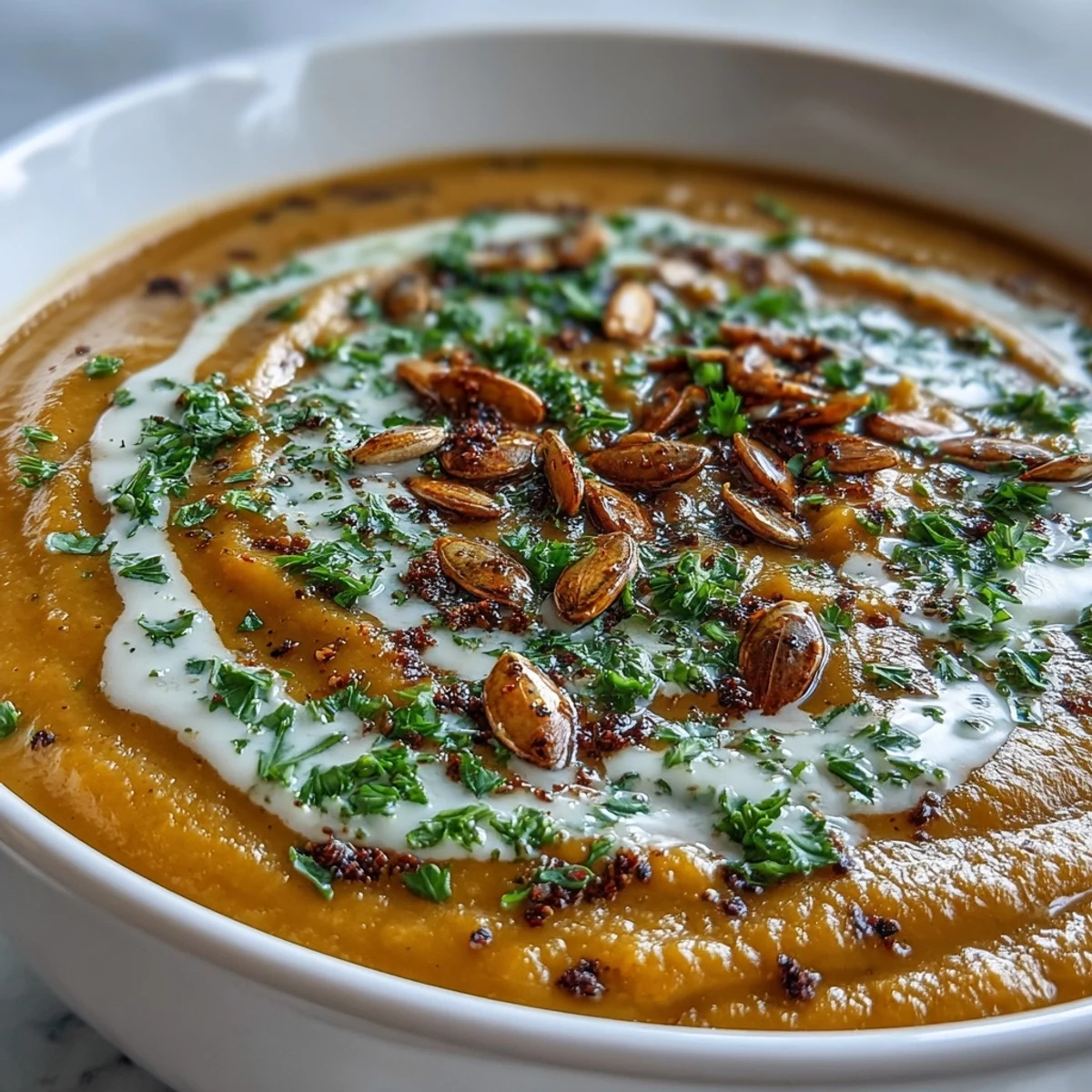 Creamy roasted broccoli and butternut squash soup served warm with pumpkin seeds and fresh parsley garnish.