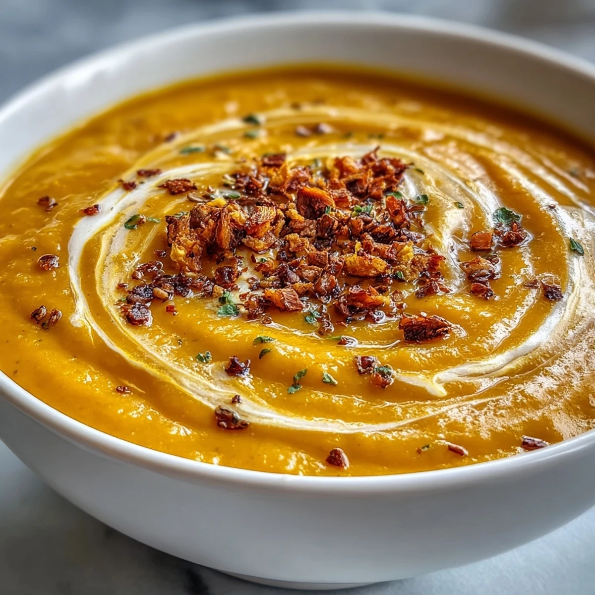 Butternut Squash and Lentil Soup served steaming in a white bowl, garnished with cilantro and a coconut cream swirl.