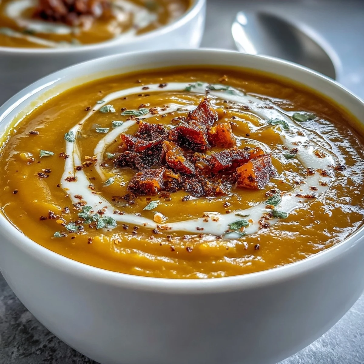 A ladle lifting golden Butternut Squash and Lentil Soup from a pot with steam rising.