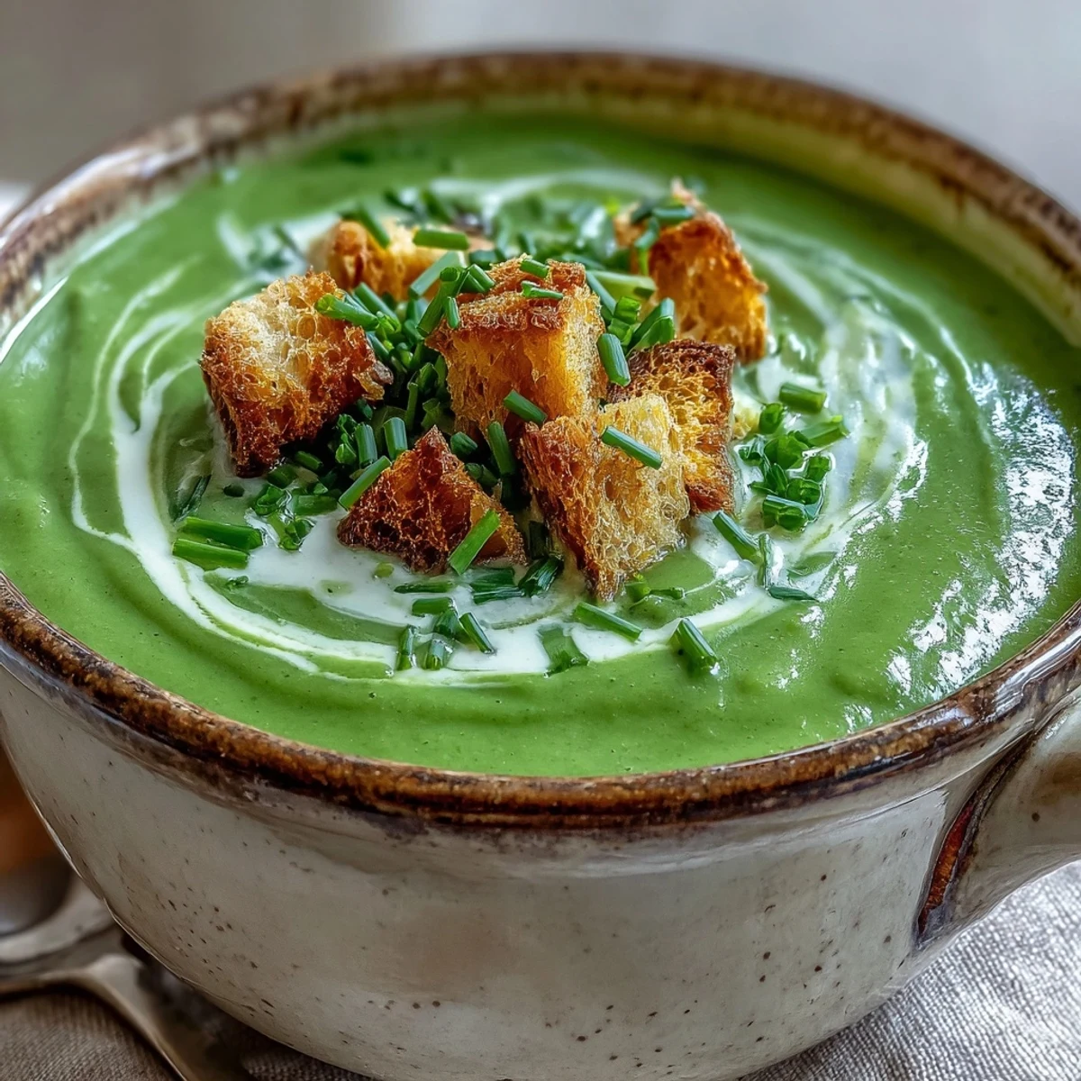 Creamy homemade Cream of Broccoli Soup in a rustic bowl topped with croutons and fresh chives.