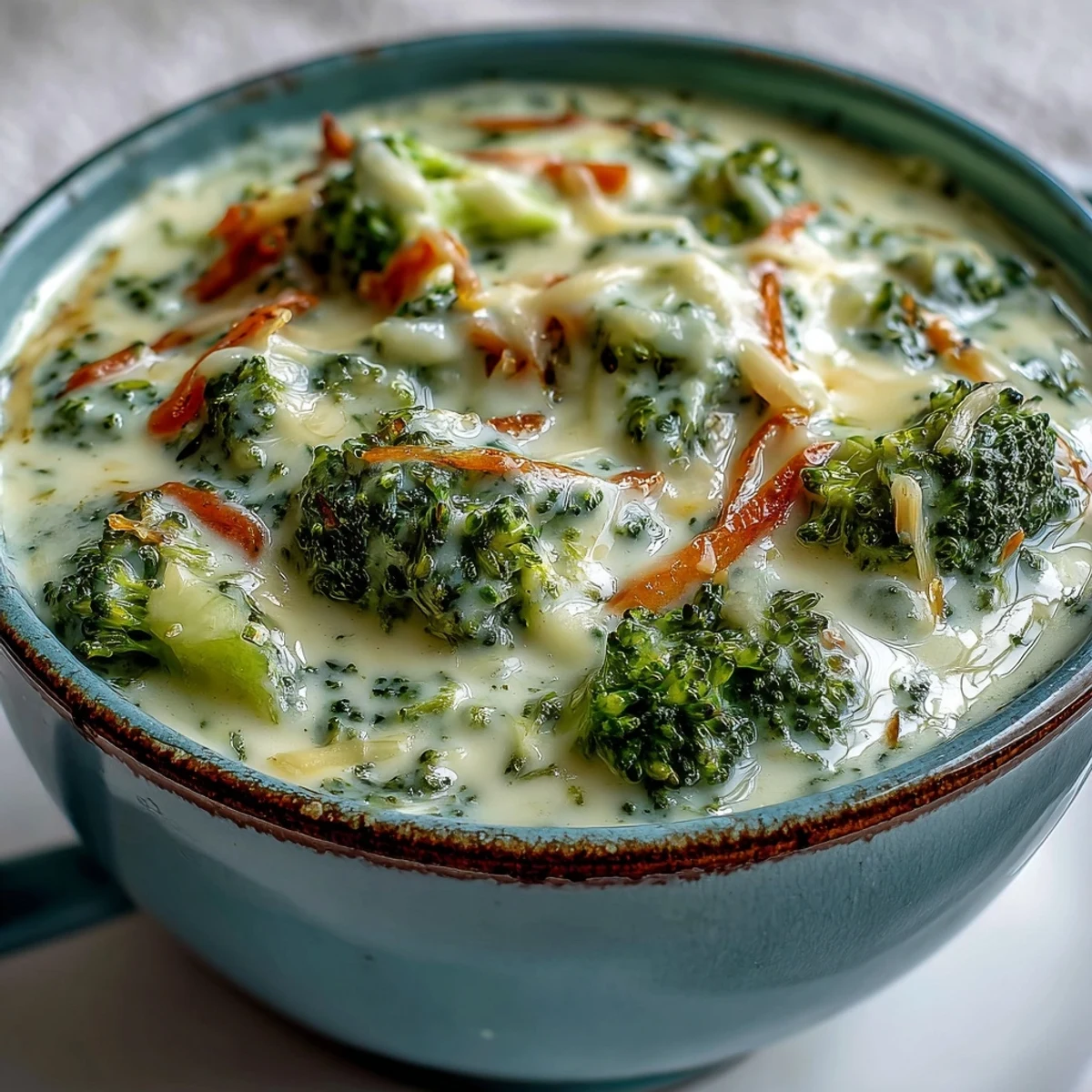 A steaming bowl of homemade Broccoli Cheddar Soup garnished with fresh cheddar shreds and broccoli florets.
