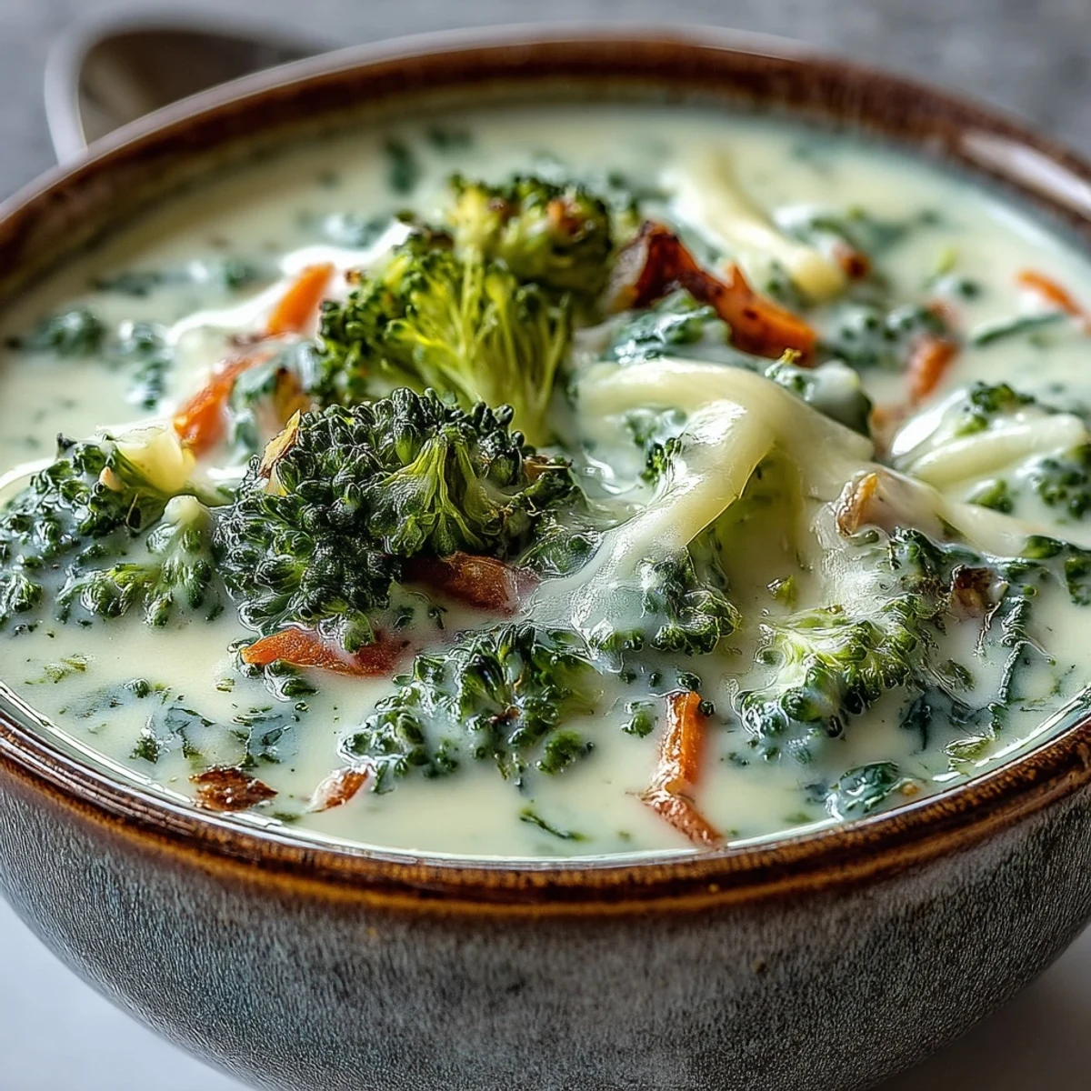 Thick and creamy Broccoli Cheddar Soup served hot in a rustic ceramic bowl with a side of crusty bread.