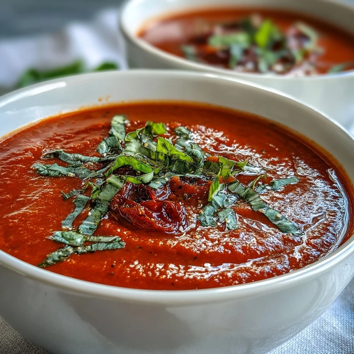 Freshly roasted tomatoes and caramelized onions blend into a silky Roasted Tomato Basil Soup, garnished with cream and basil.
