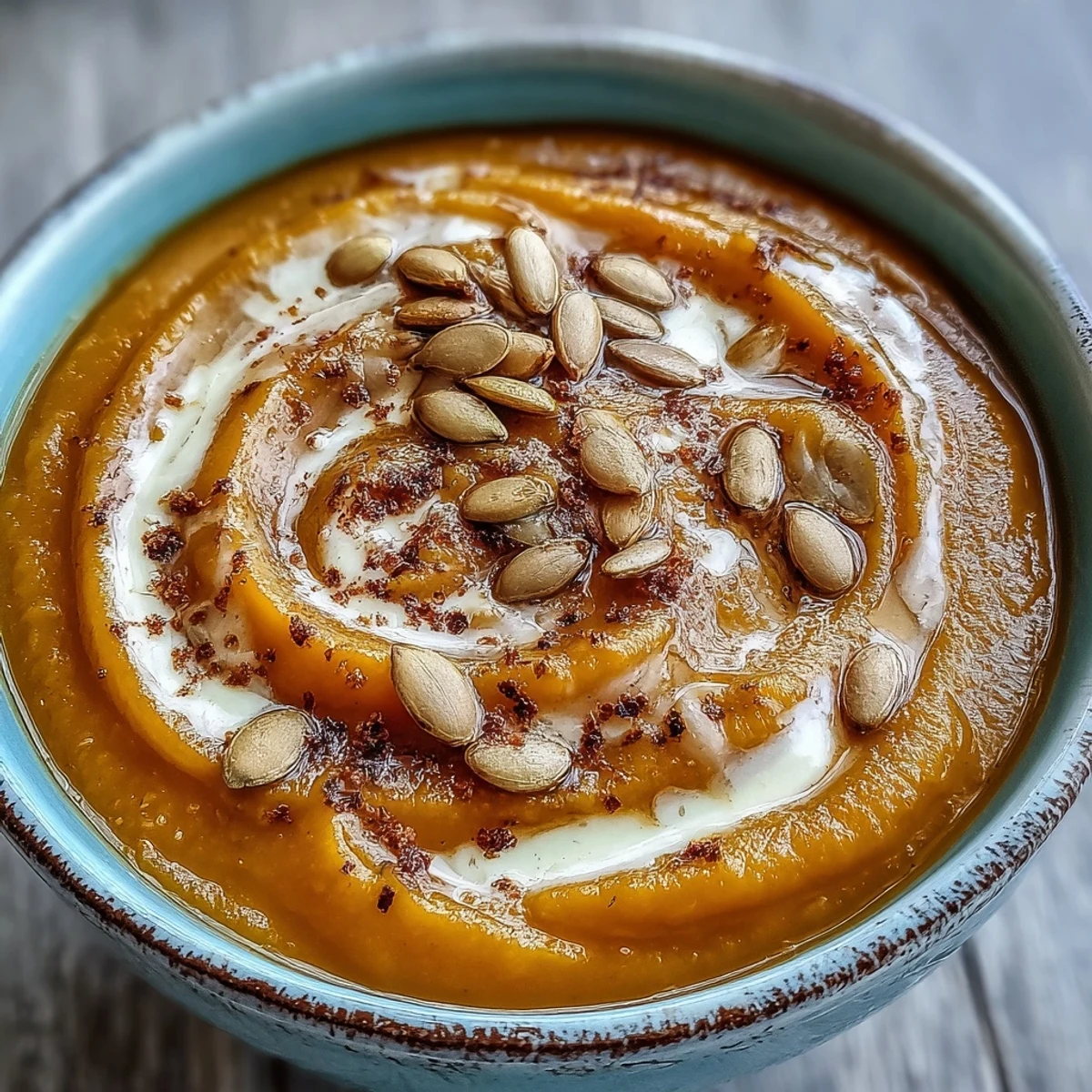 Close-up of velvety Butternut Squash and Apple Soup topped with toasted pumpkin seeds and a cream swirl.