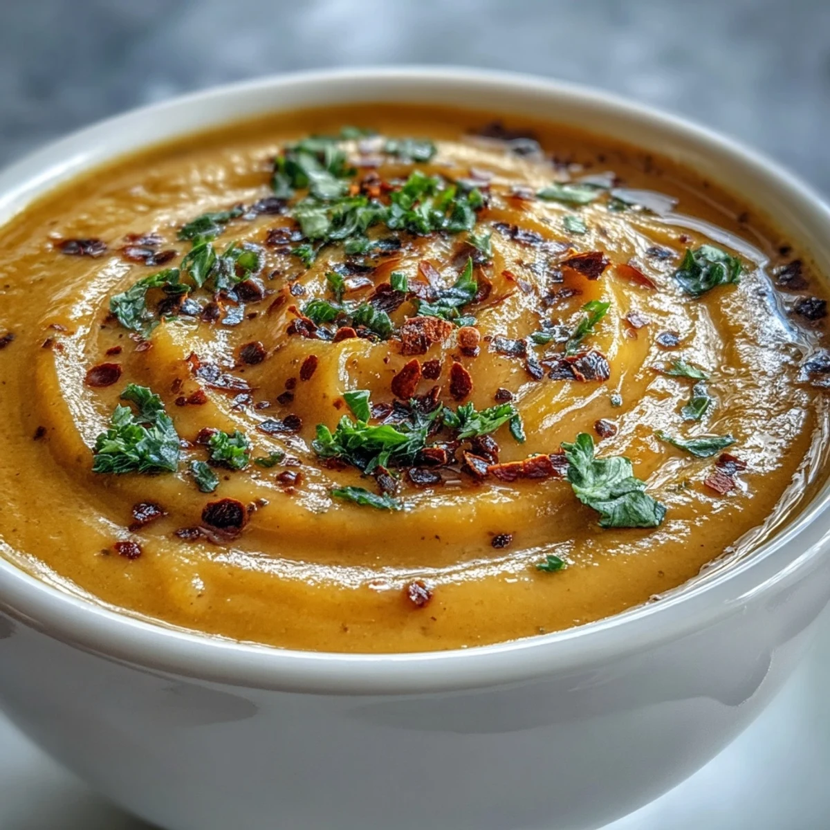 Golden-orange Butternut Squash Broccoli Cheddar Soup pours steaming from a ladle into a rustic bowl.