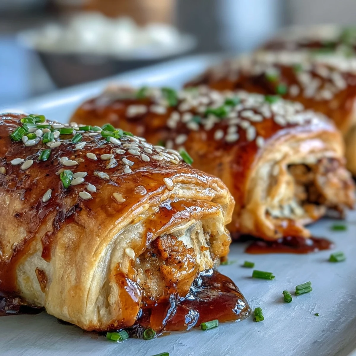 Pepper Jelly Hogs in a Blanket arranged on a white plate, garnished with fresh chives and sesame seeds.