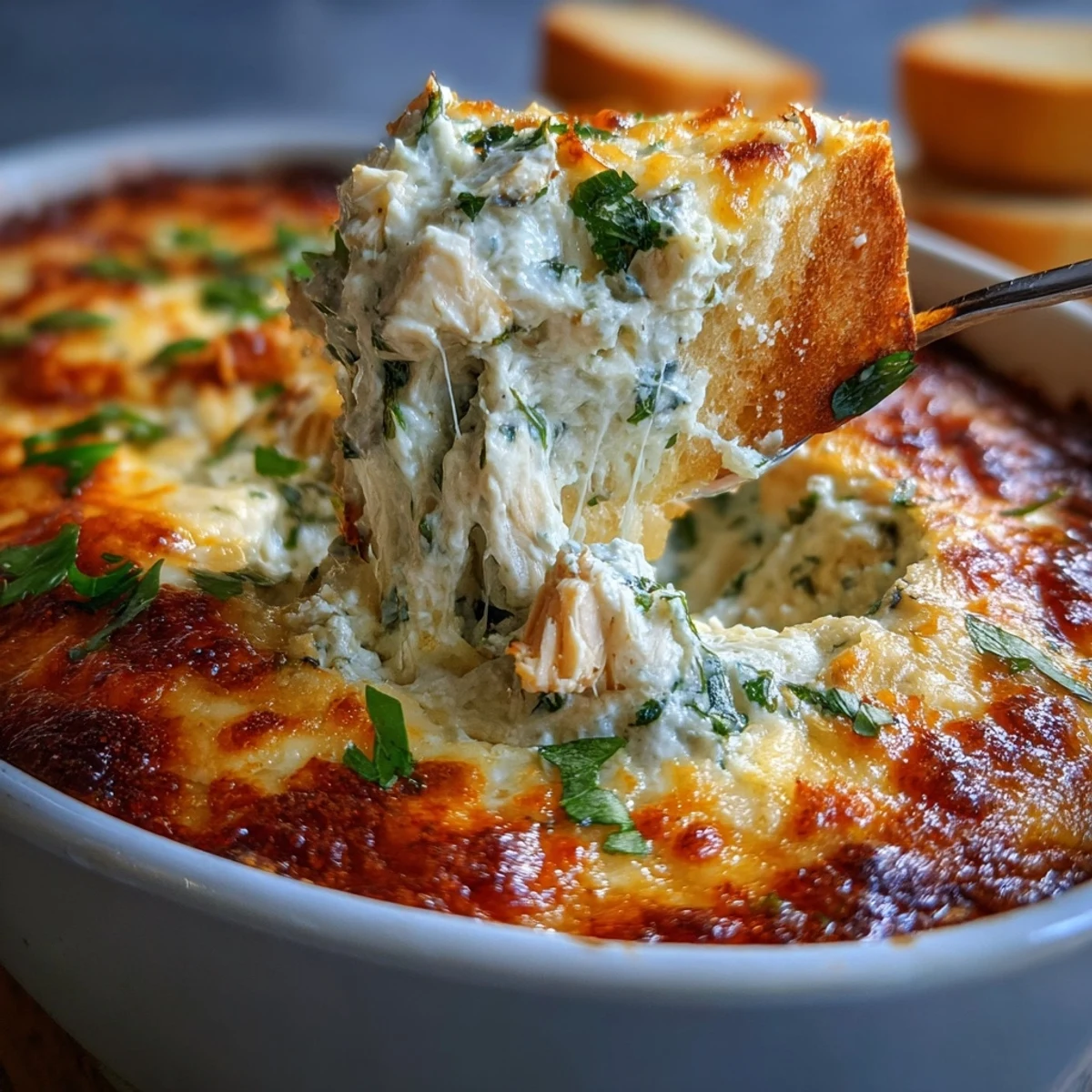Close-up of Cilantro and Lime Chicken With Scoops dip, garnished with cilantro and fresh lime wedges.