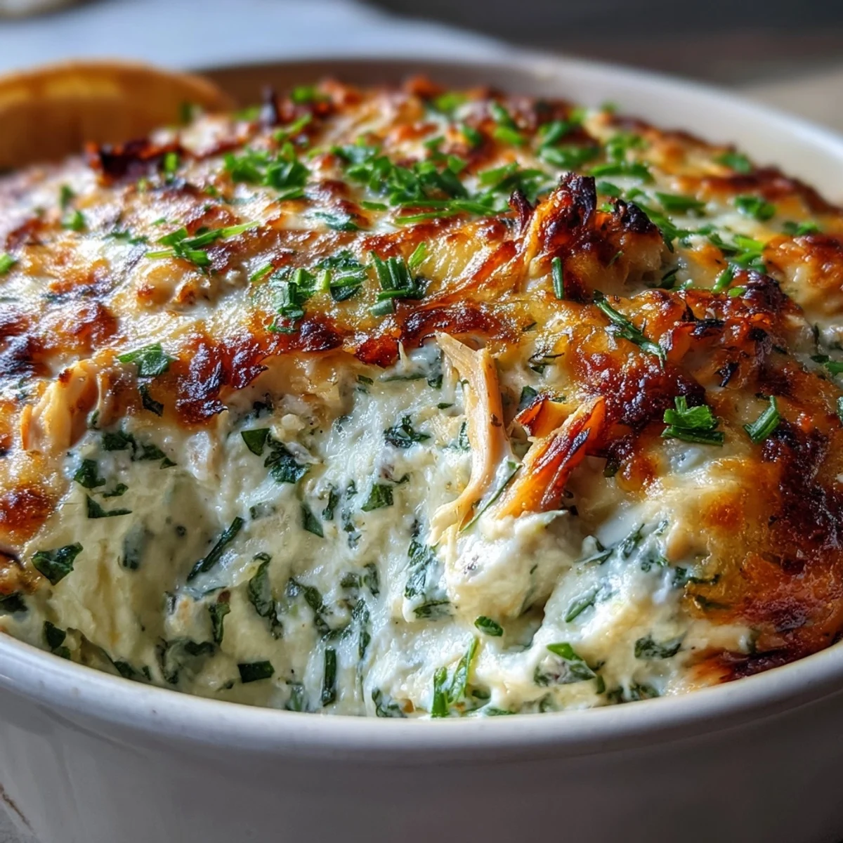 A creamy, tangy Cilantro and Lime Chicken With Scoops dip baked to bubbly perfection, served with chips.