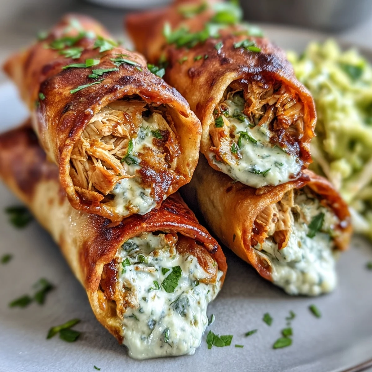 Golden-baked Mini Chicken Chimis with jalapeño cream cheese, served warm with vibrant green enchilada sauce for dipping.  