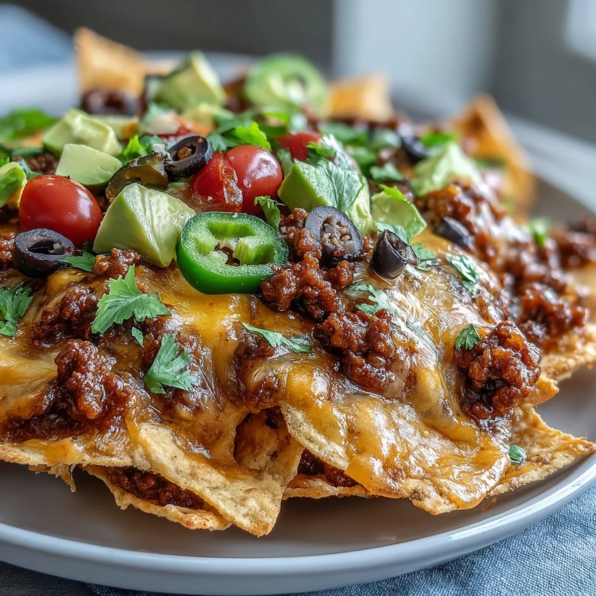 Golden, bubbly cheese stretches over crispy tortilla chips layered with savory ground beef and colorful toppings like tomatoes and olives.  