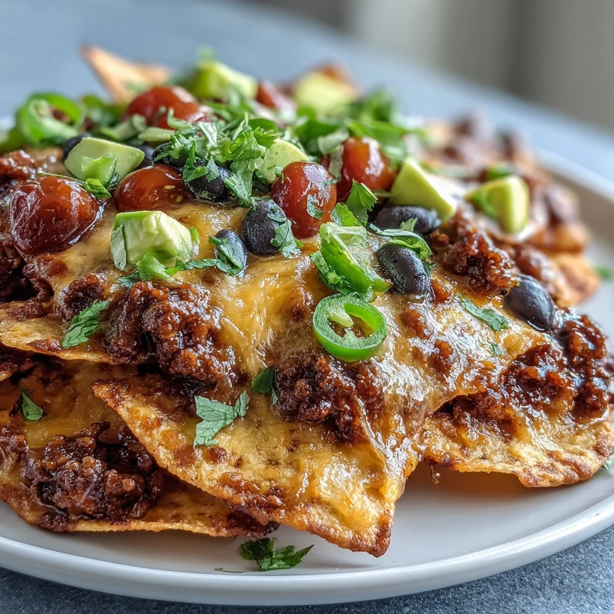 Platter of freshly baked Tex-Mex nachos loaded with seasoned beef, avocado, sour cream, and a vibrant salsa garnish.