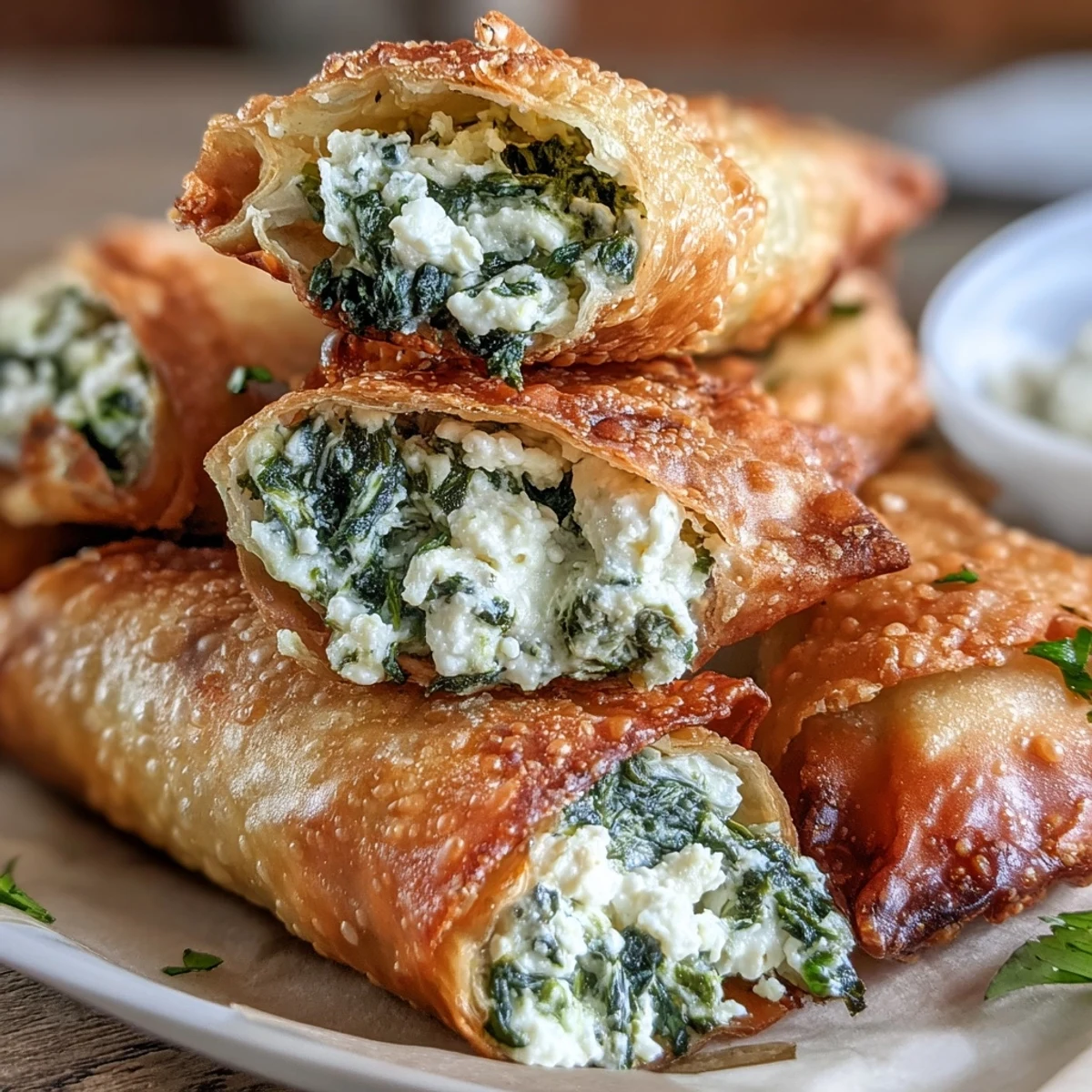 Golden-brown Spanakopita Spring Rolls, fried to crispy perfection and served warm with a creamy yogurt-dill dip on the side.
