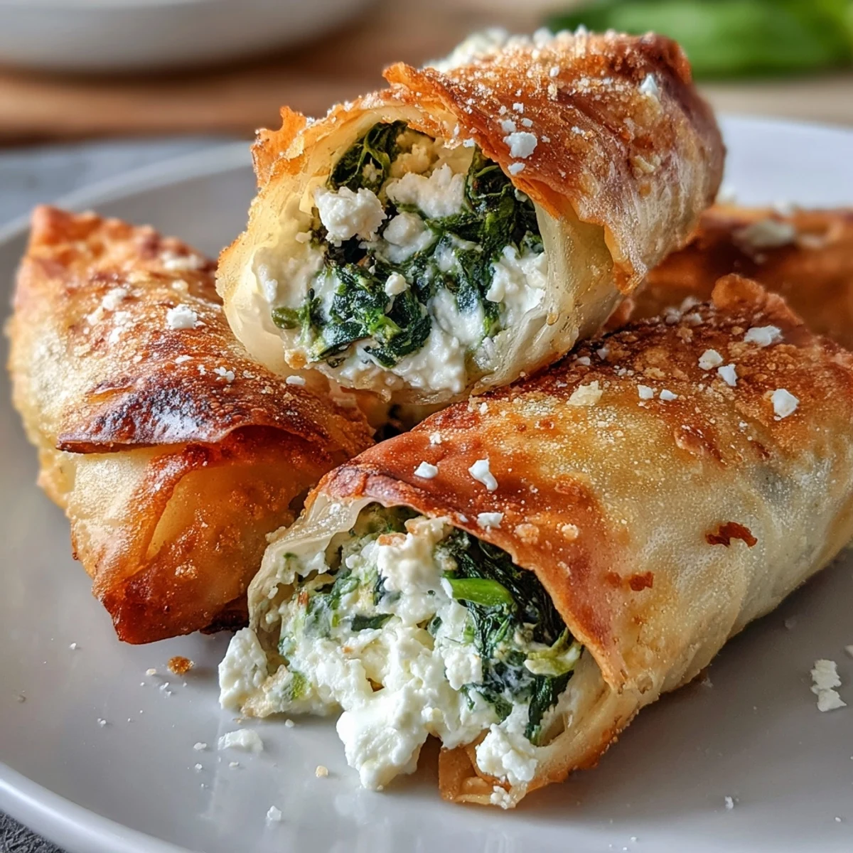 Golden, crispy Spanakopita Spring Rolls arranged on a white plate, revealing a vibrant spinach and feta filling inside.