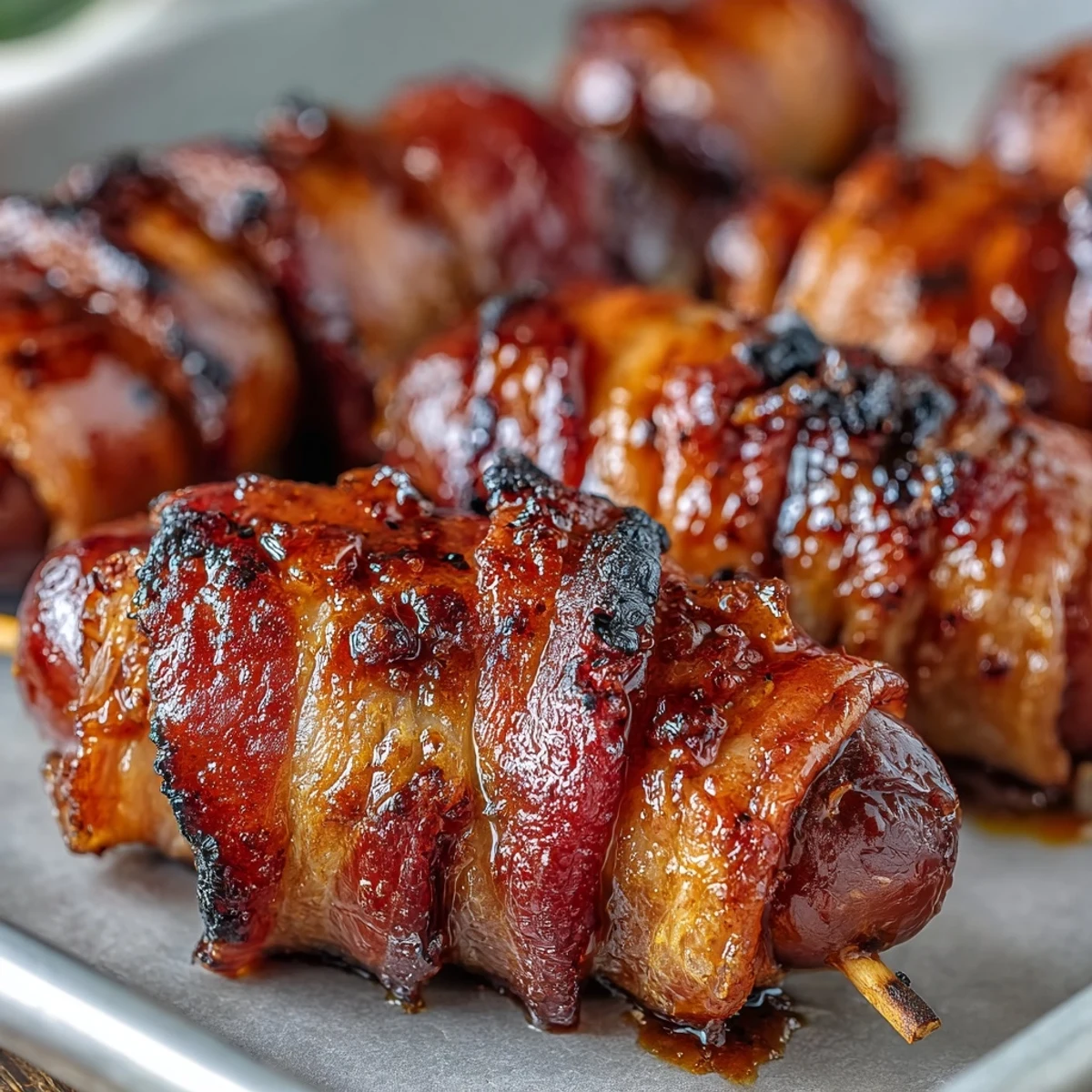 Bacon-Wrapped Smokies baked until crispy with a sweet glaze, served warm as a party appetizer.
