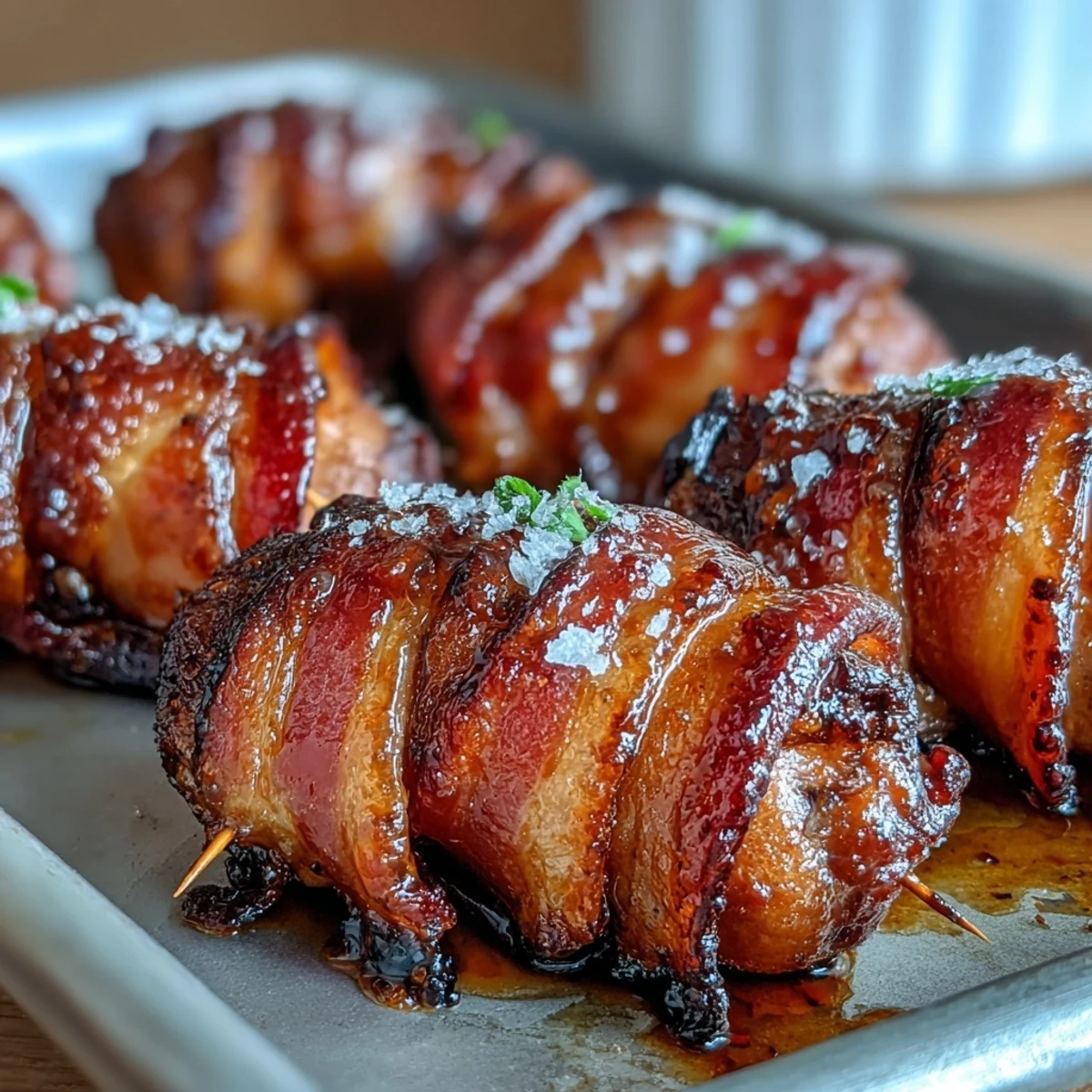 Crisp Bacon-Wrapped Smokies on a platter, caramelized with brown sugar and ready for holiday gatherings.