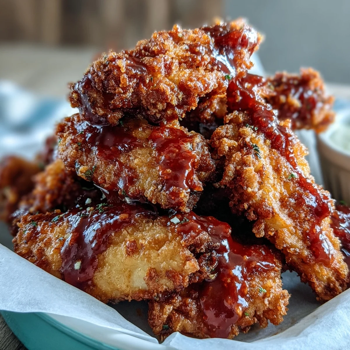 Platter of golden Fried Chicken Wings, drizzled with sweet Thai chili sauce and garnished with fresh scallions for color.