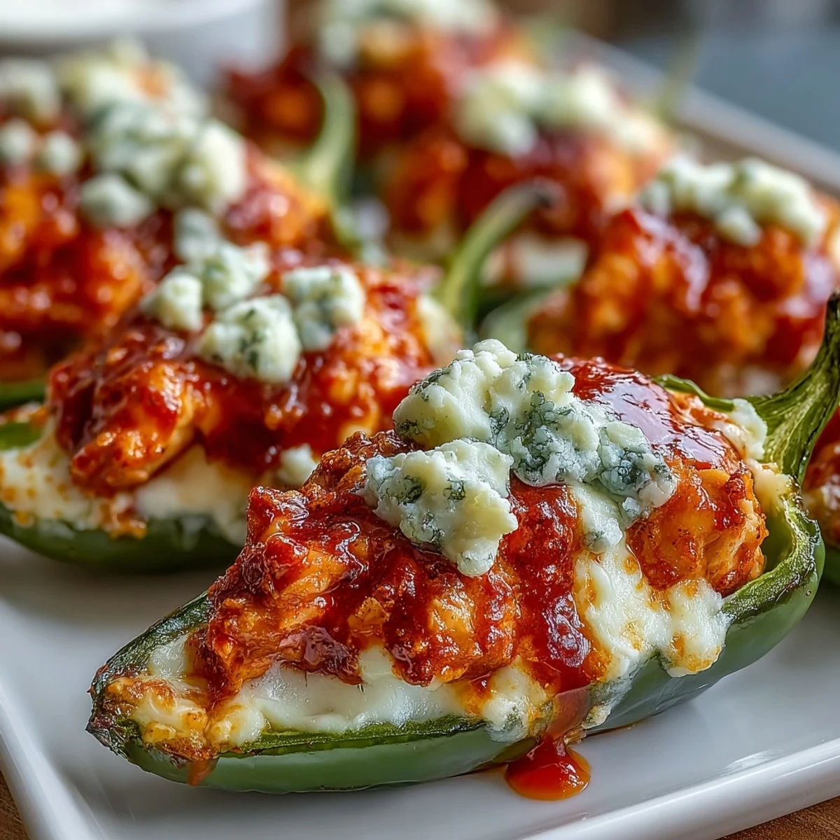 Golden-baked Buffalo Wing Poppers with melted blue cheese and vibrant green jalapeños on a rustic board, ready for game day.  