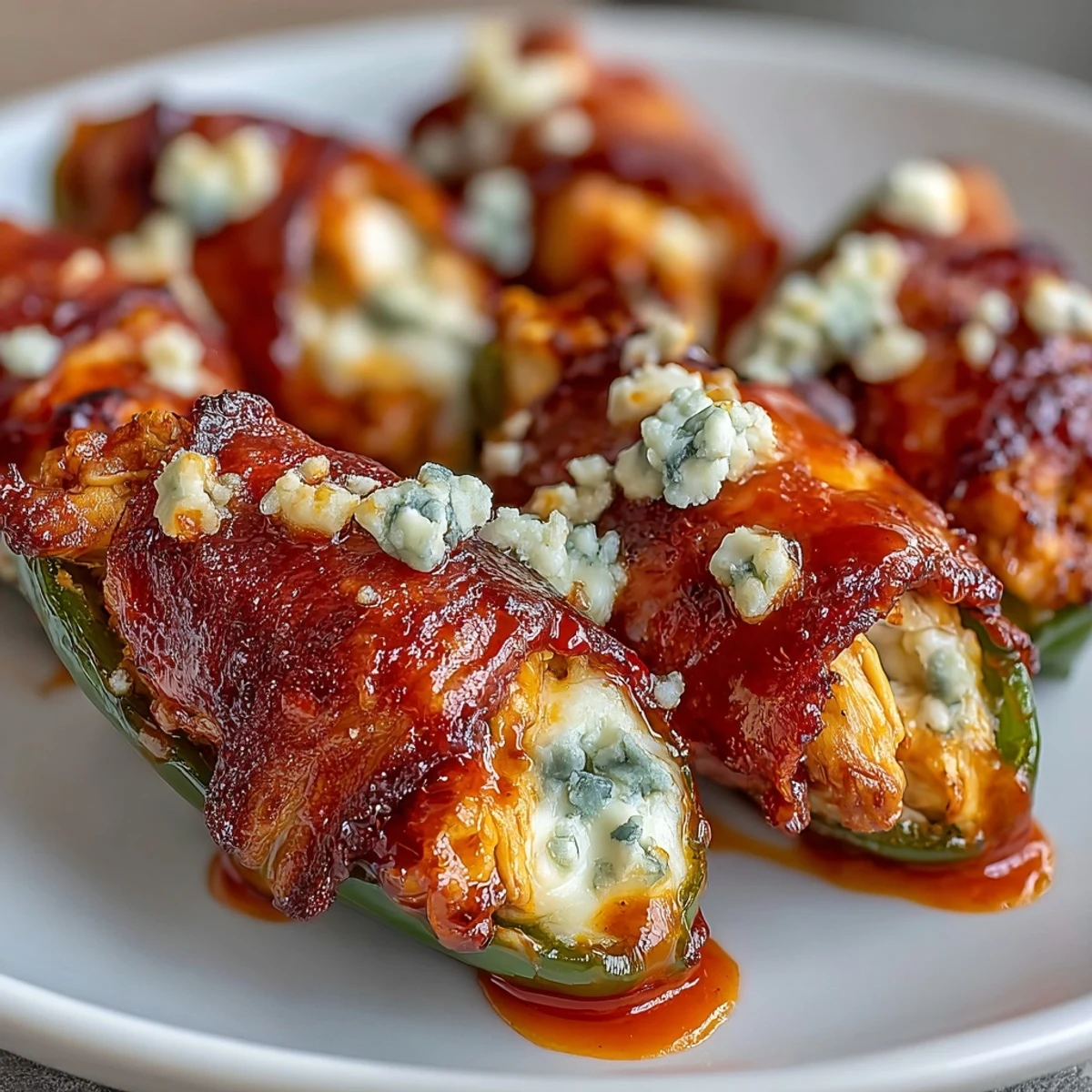 A close-up of a Buffalo Wing Popper oozing creamy filling and tangy red sauce beside crisp celery sticks.  
