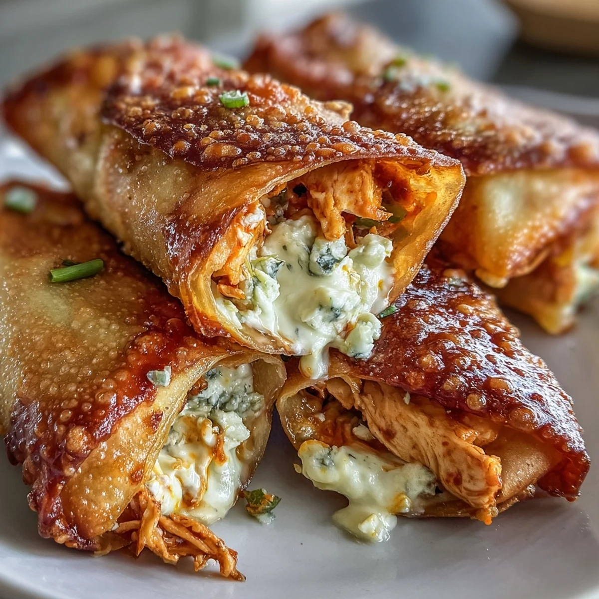 Crispy Buffalo Chicken Egg rolls rest on a parchment-lined tray, drizzled with ranch and served alongside fresh celery sticks for a classic game-day appetizer.