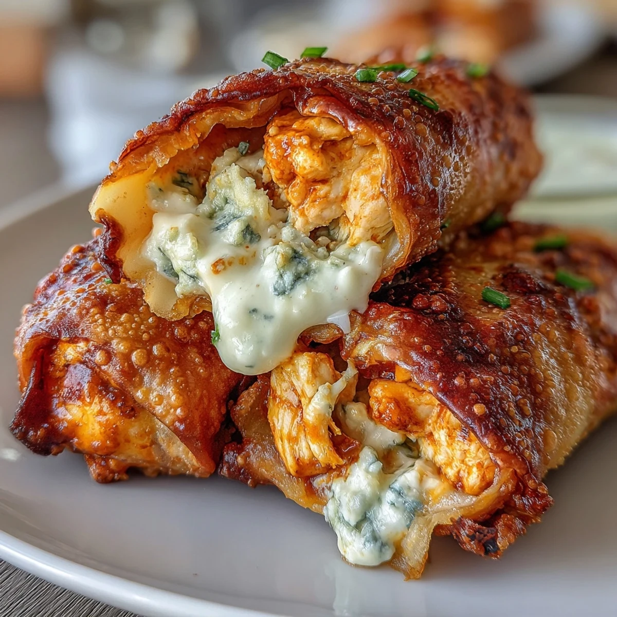 These golden-brown Buffalo Chicken Egg rolls are piled high on a platter, revealing a gooey cheese and spicy chicken filling perfect for parties.