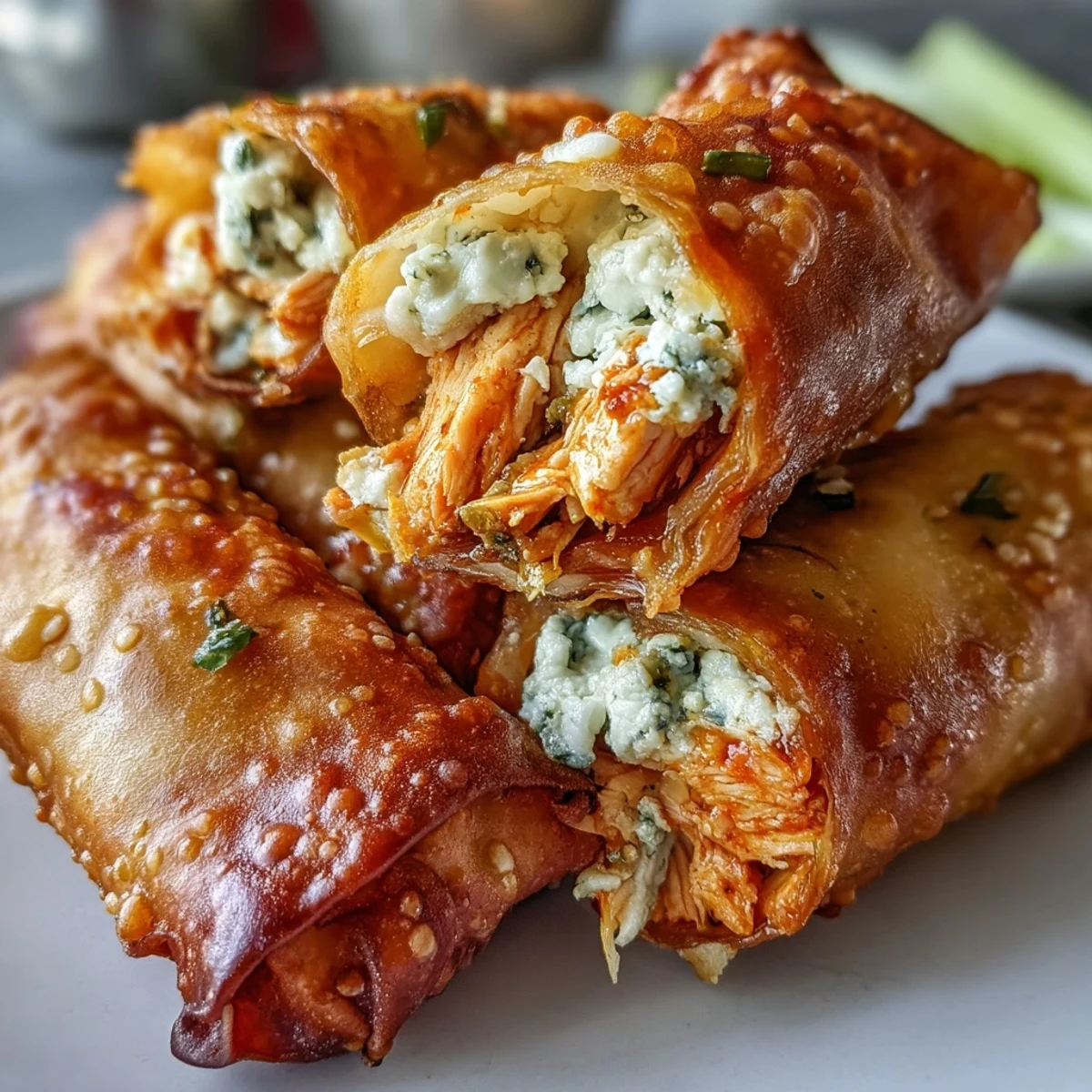 Freshly fried Buffalo Chicken Egg rolls steam gently, with a side of blue cheese dip and carrot sticks highlighting their crunchy, savory texture.