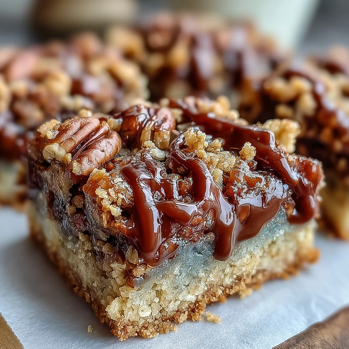 Warmly baked Decadent Sweet and Chewy Turtle Bars with a golden crumb topping, revealing gooey caramel and melted chocolate.