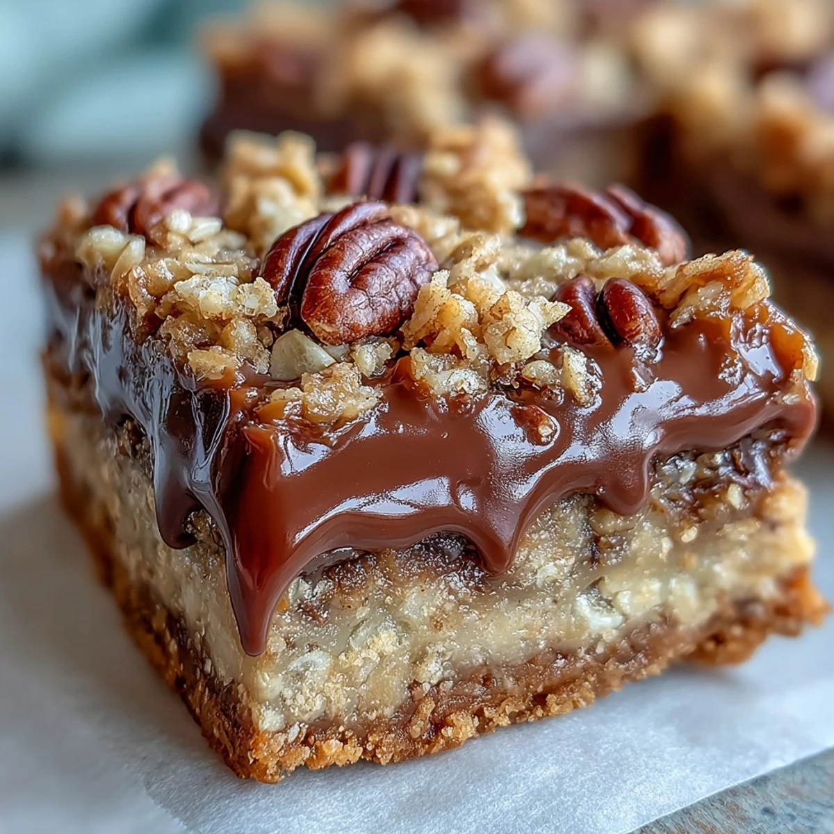 Freshly cut Decadent Sweet and Chewy Turtle Bars show layers of chocolate chips, toasted pecans, and caramel swirls.