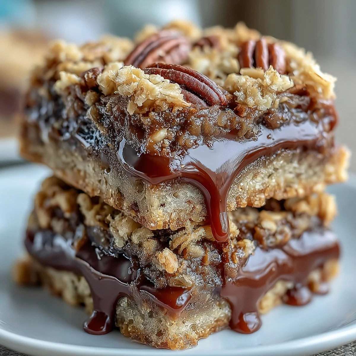 Golden-brown Decadent Sweet and Chewy Turtle Bars served on a rustic plate, featuring rich chocolate and sticky caramel filling.