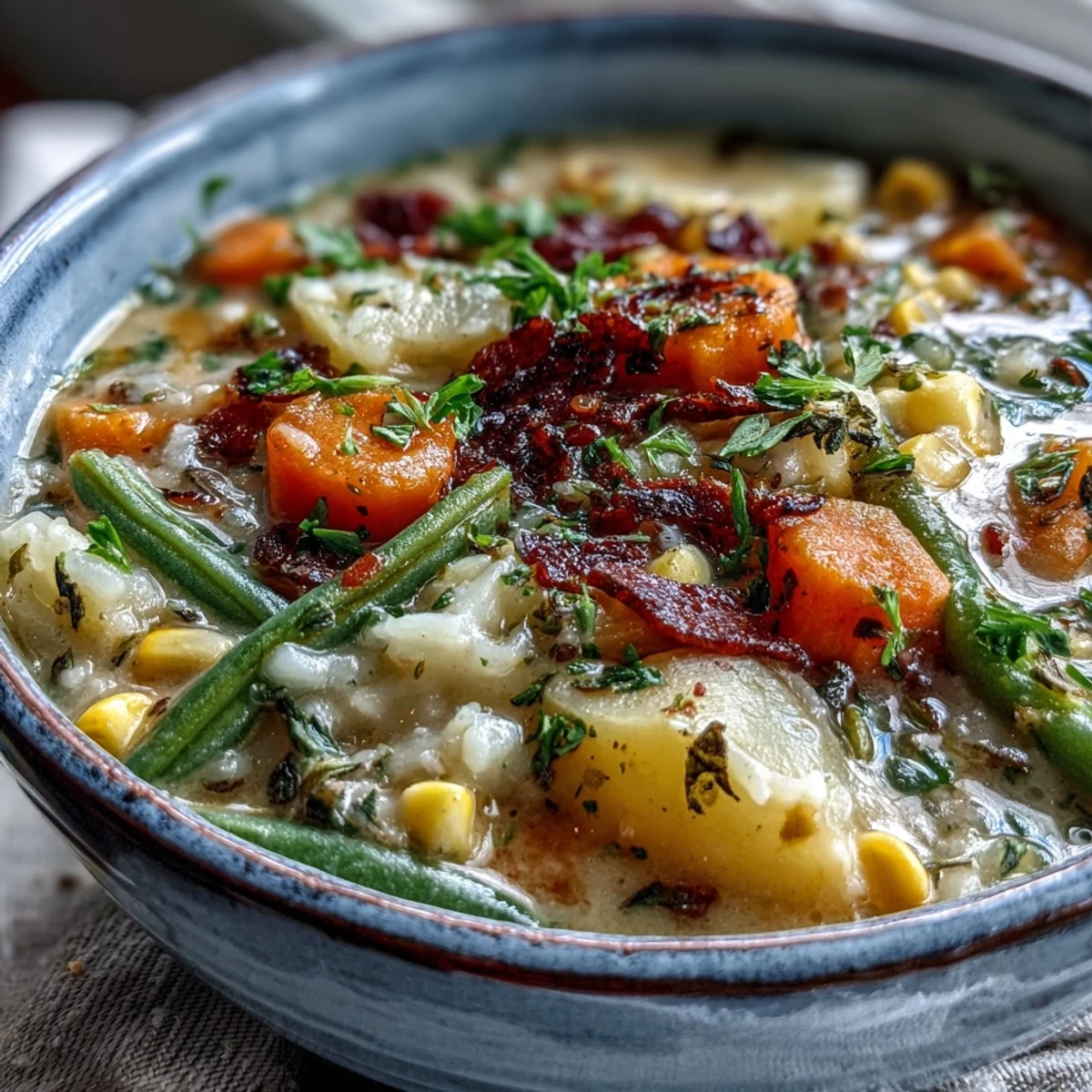 Steaming bowl of Amish Snow Day Soup featuring potatoes, carrots, and corn in rich broth.