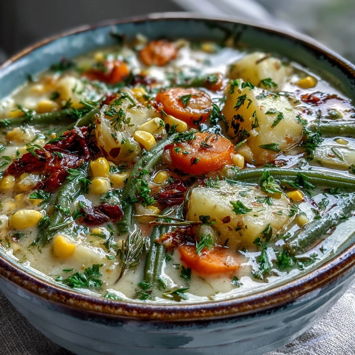 A comforting bowl of Amish Snow Day Soup, served hot alongside crusty bread.