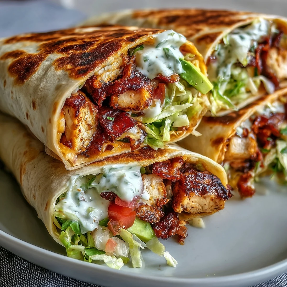 Crispy Chicken Bacon Wrap with golden seared chicken, smoky bacon, and creamy avocado tucked in a warm flour tortilla.
