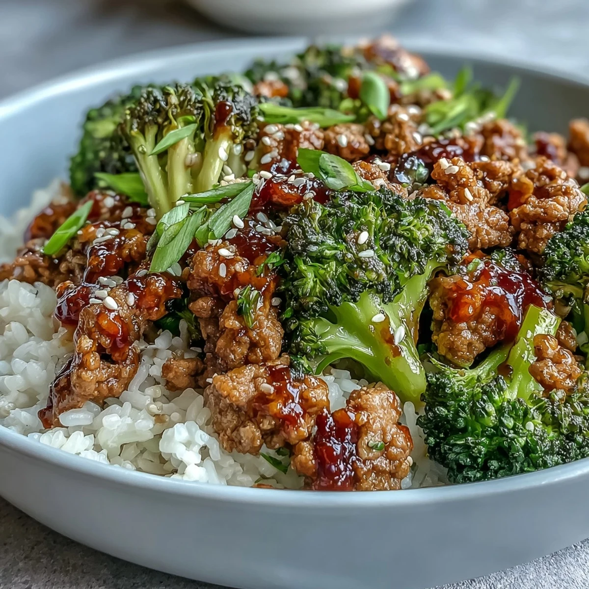 Close-up of Sweet and Spicy Turkey Broccoli Bowls, featuring saucy ground turkey, steamed broccoli, and brown rice with sesame seeds.