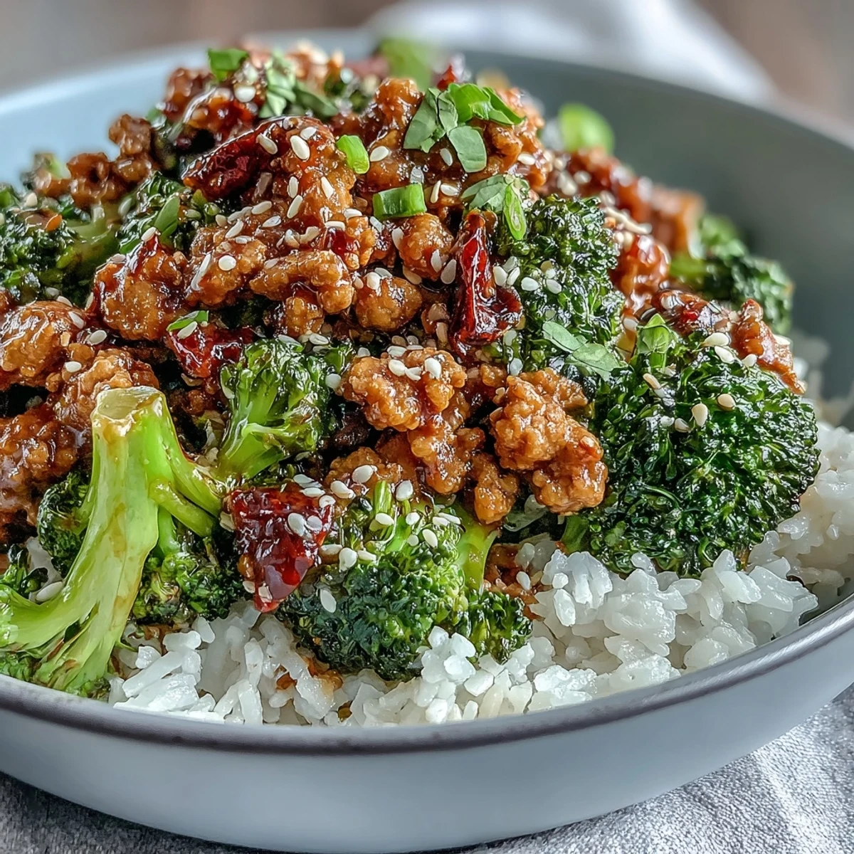 A wooden bowl filled with Sweet and Spicy Turkey Broccoli Bowls, garnished with green onions and sesame seeds beside chopsticks.