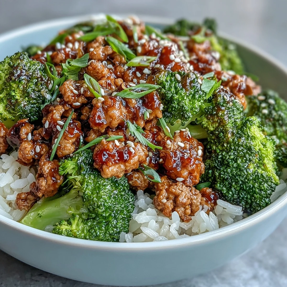Steam rises from a freshly prepared Sweet and Spicy Turkey Broccoli Bowl, showcasing tender turkey and bright green broccoli florets.