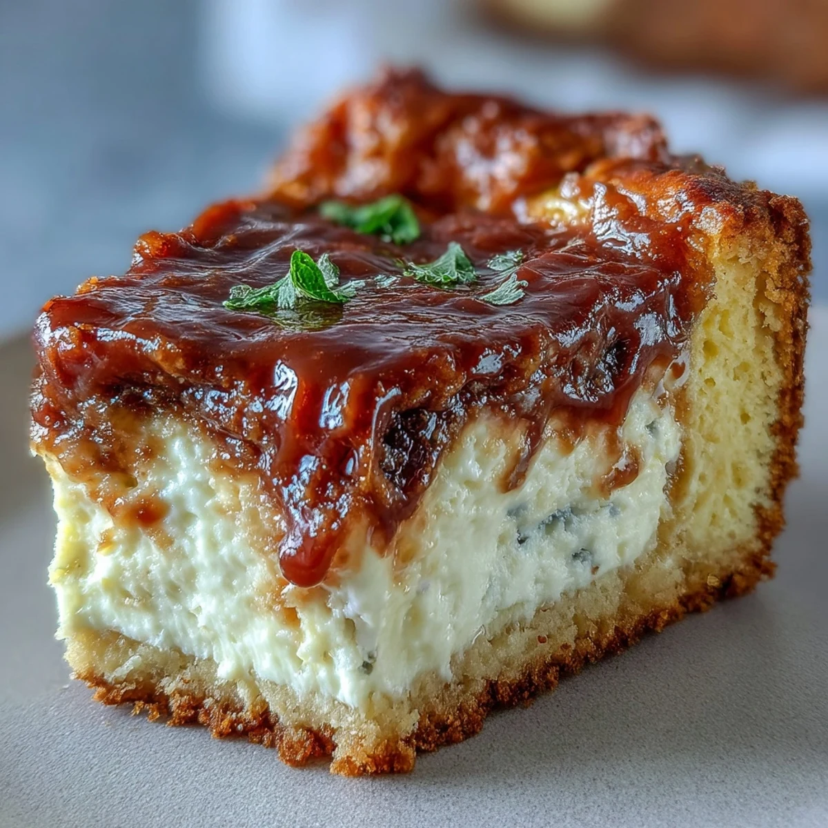Golden-brown slices of Caramel Cream Cheese Bread reveal a creamy cheesecake-like center and sweet caramel swirls on a rustic plate.