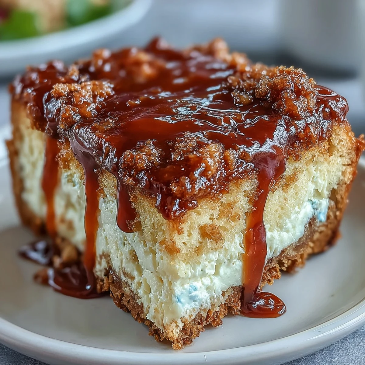 A loaf of Caramel Cream Cheese Bread is drizzled with caramel sauce and sliced to show its moist, tender crumb.