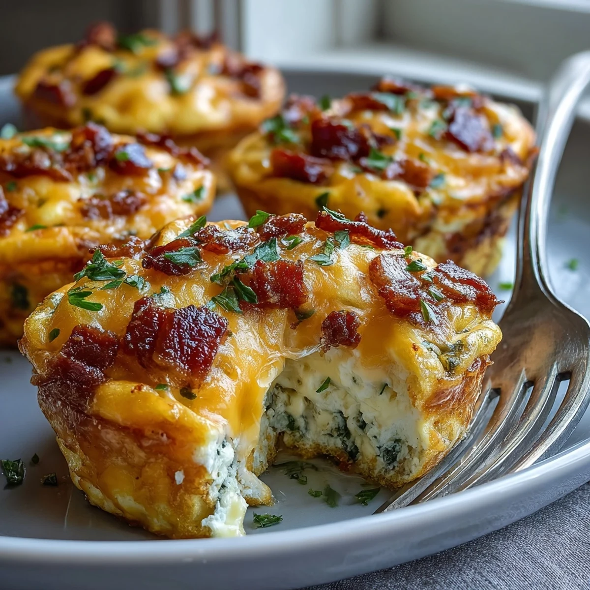 Golden-brown Breakfast Egg Muffins with melted cheddar, crisp bacon, and bell peppers served warm on a plate.