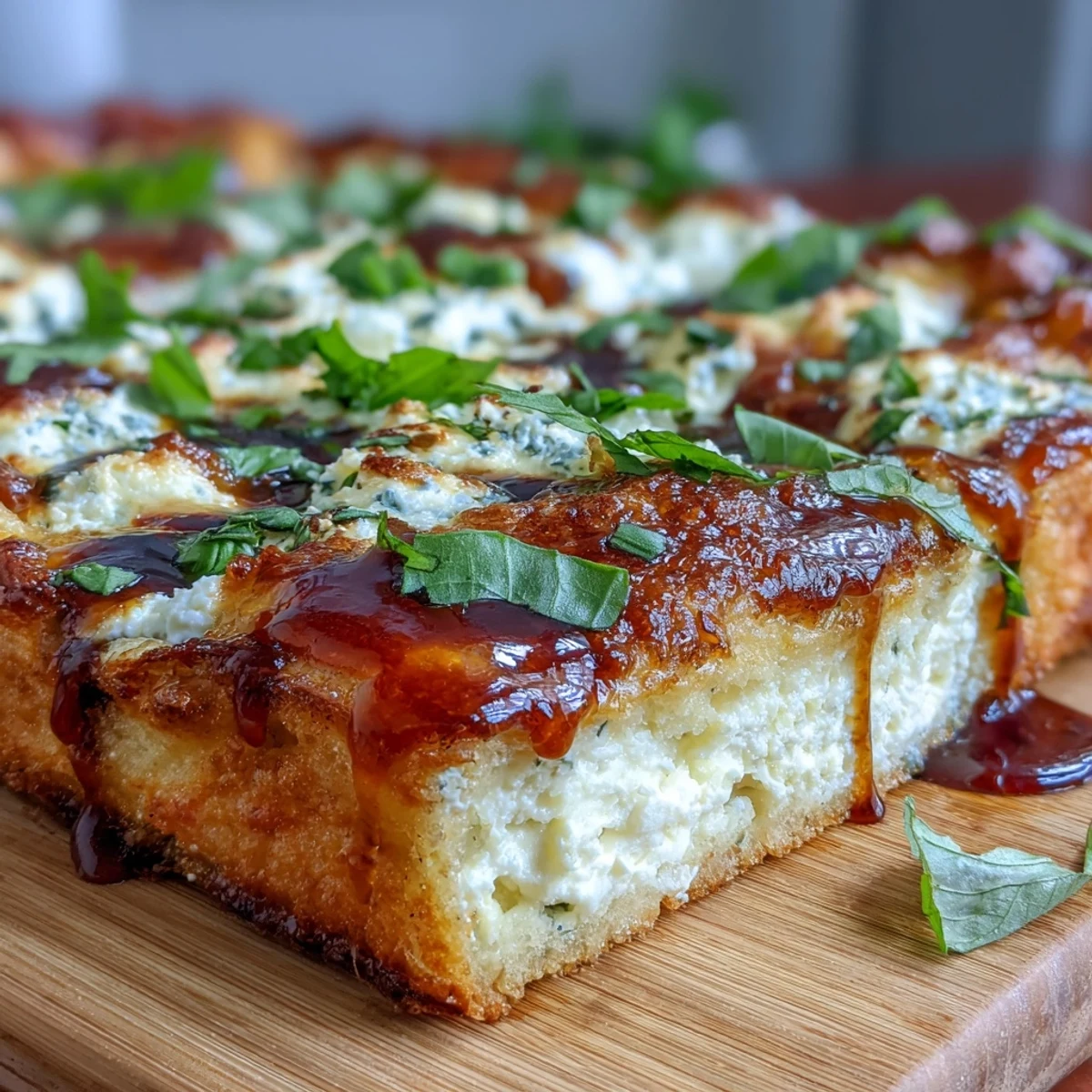 Golden-brown Hot Honey Ricotta Pizza with bubbling mozzarella and fresh basil on a rustic wooden board.