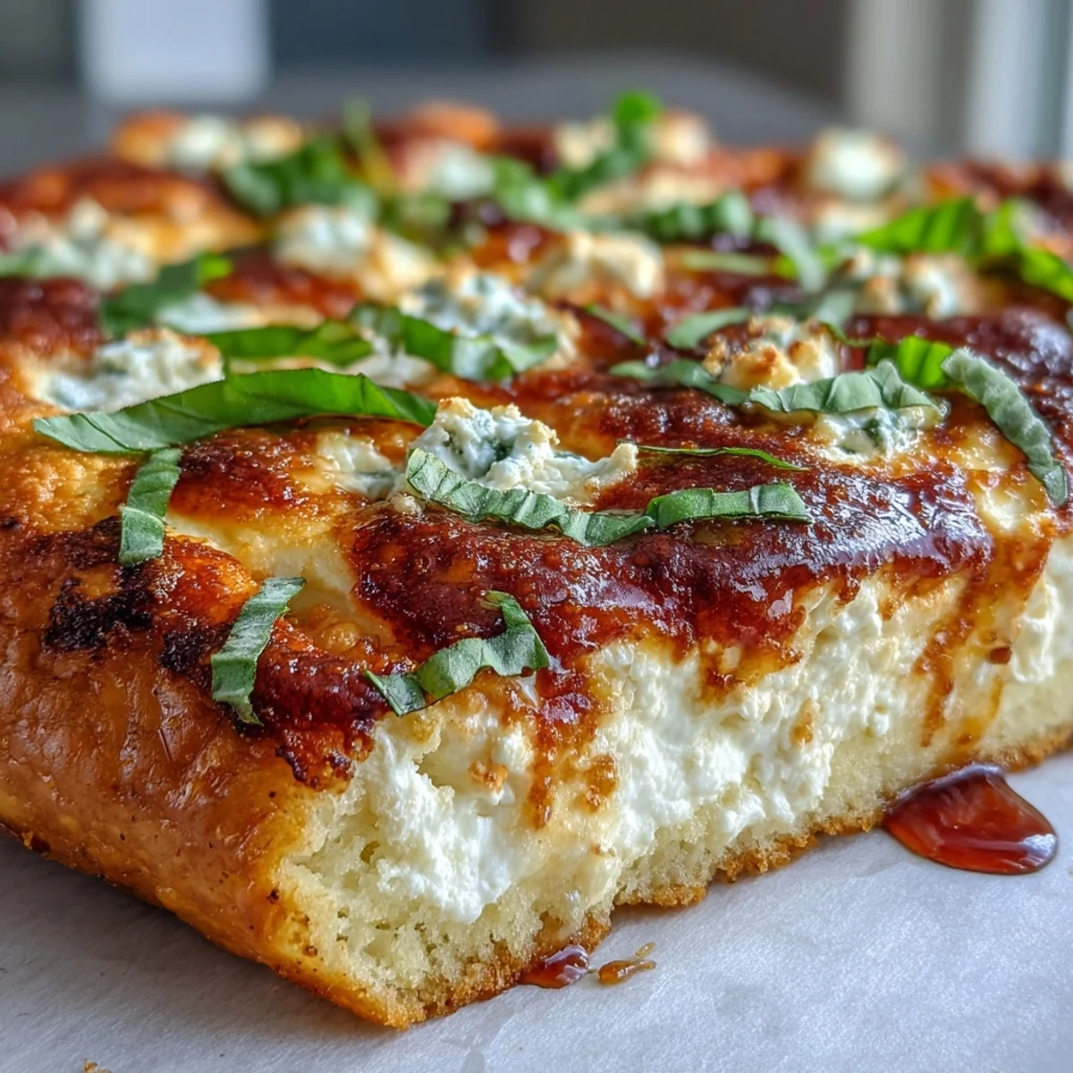 Close-up of Hot Honey Ricotta Pizza drizzled with spicy honey and garnished with vibrant basil leaves.