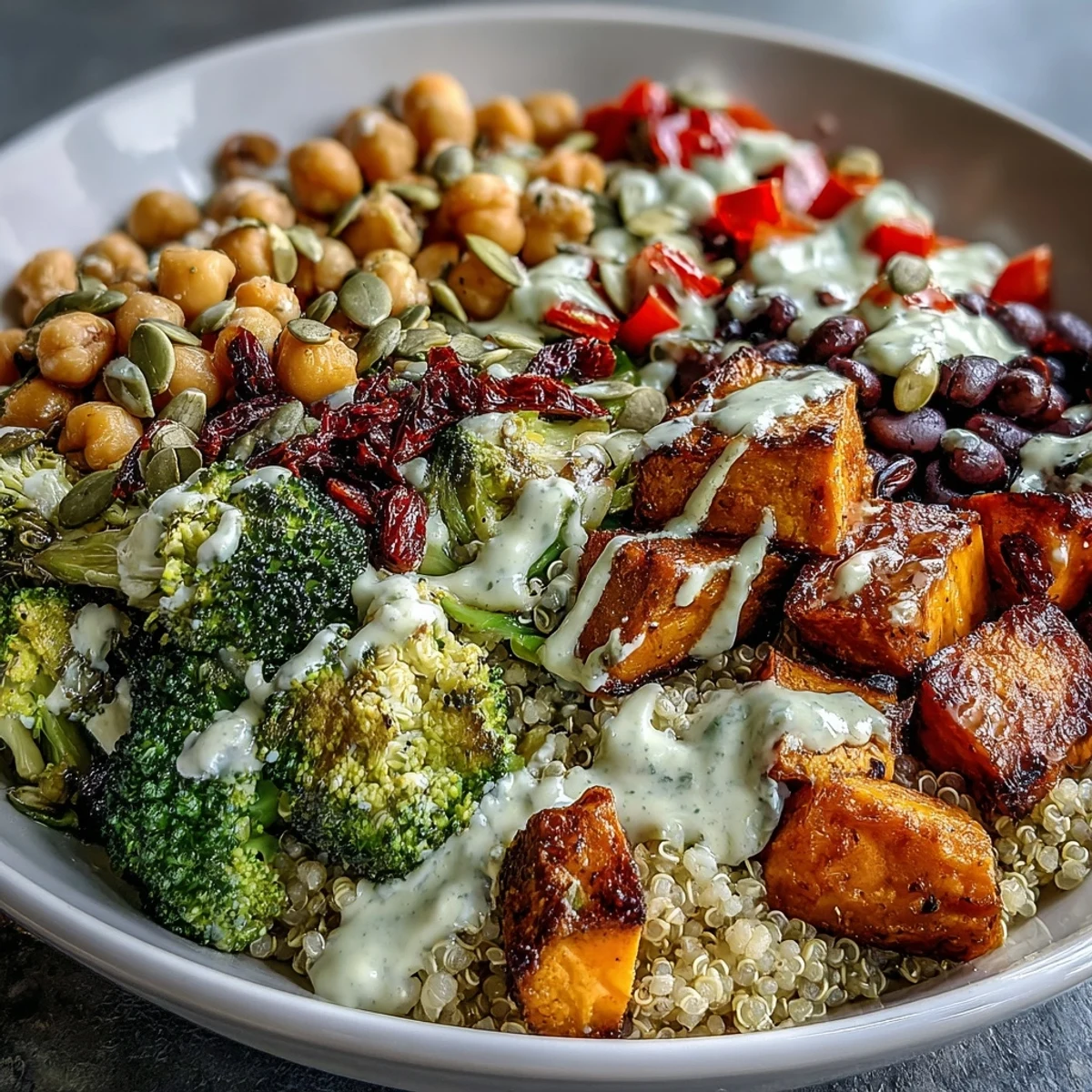 Healthy Meal Prep Week-Long Power Bowl with roasted broccoli, bell peppers, and zesty lemon tahini drizzle.