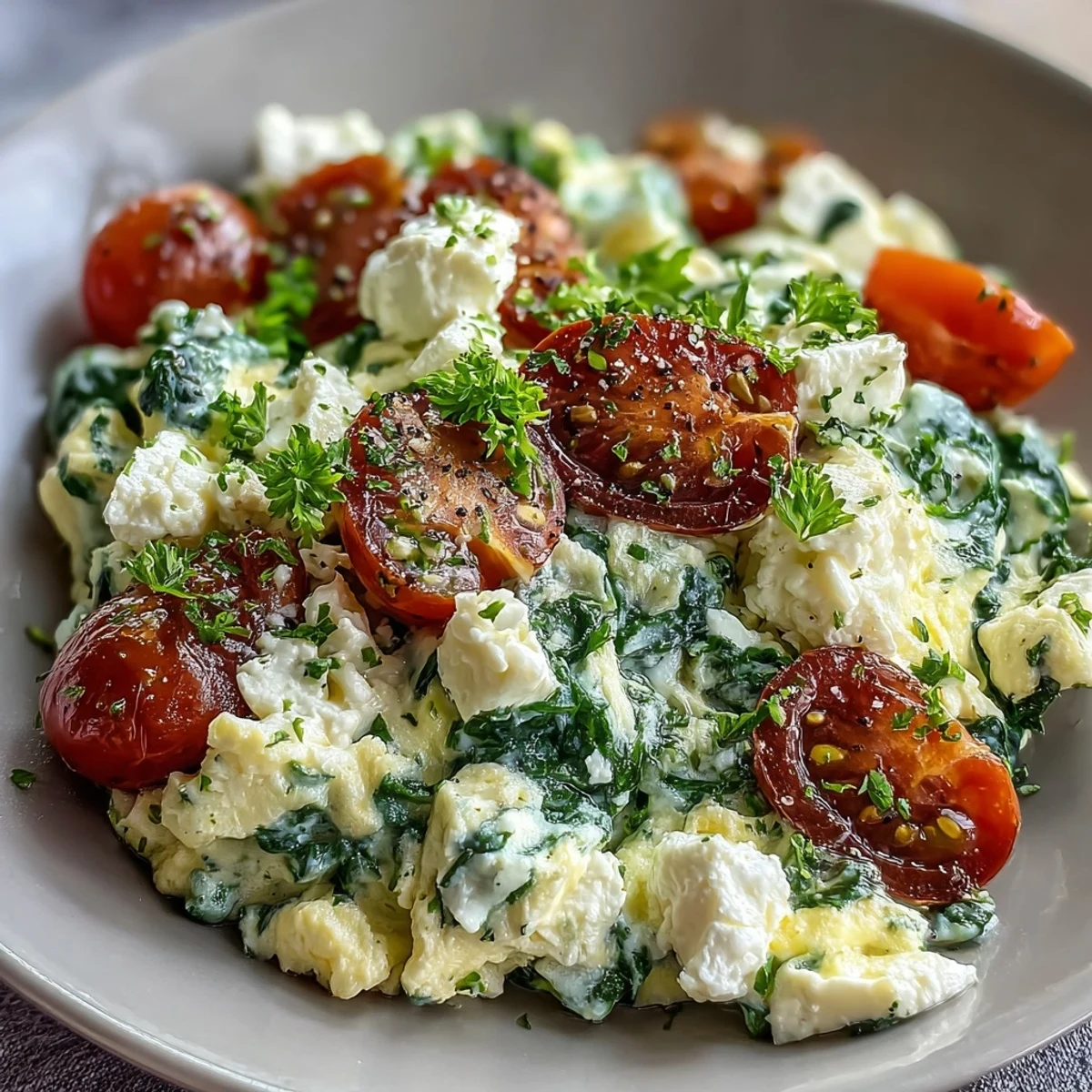 A hearty Spinach and Feta Breakfast Bowl topped with juicy cherry tomatoes and a sprinkle of fresh parsley for a bright finish.
