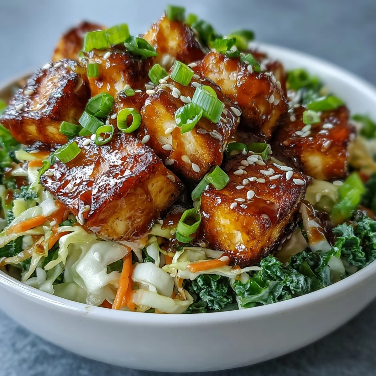 Golden-brown pan-fried tofu cubes tossed with crisp cabbage, kale, and sweet carrots in a savory sauce for this Tofu Egg Roll in a Bowl.